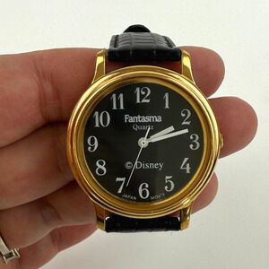 Vintage Fantasma Disney Quartz Watch Goldtone Black Face Band New Battery READ